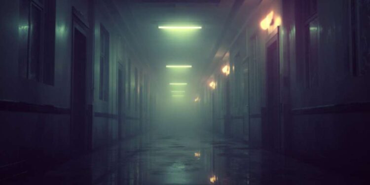 empty hallway fading into soft fog