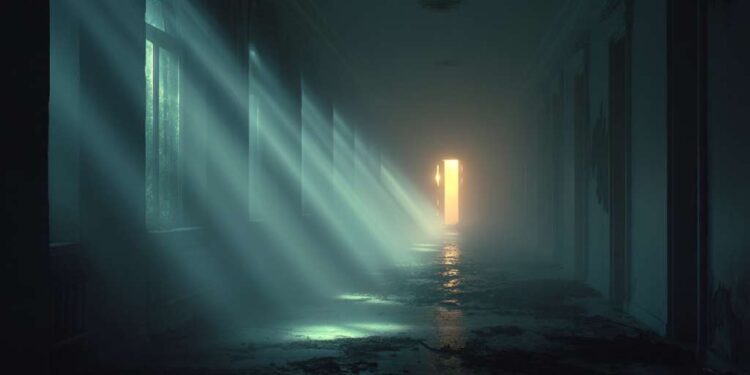 softly lit hallway fading into mist