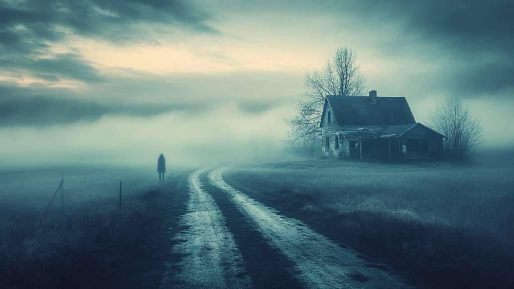 twilight rural road and abandoned house,