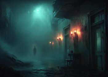 Blur Between An empty, dimly lit hallway in an abandoned urban apartment