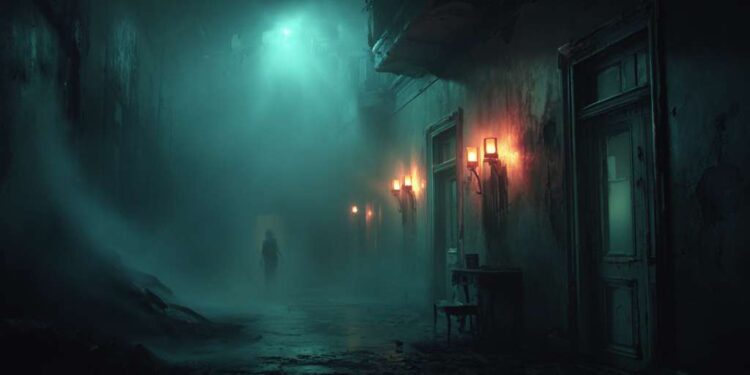 Blur Between An empty, dimly lit hallway in an abandoned urban apartment