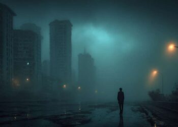 solitary figure standing in a vast foggy urban landscape