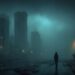 solitary figure standing in a vast foggy urban landscape