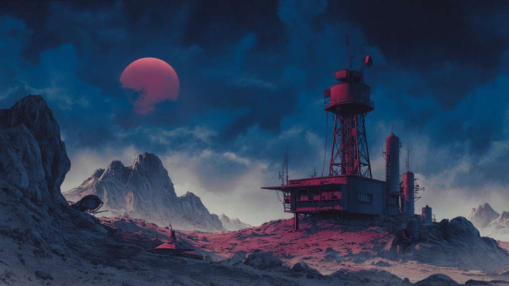 Minimal poem card on moody dark background with subtle station silhouettes