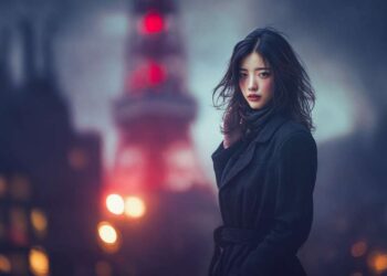 Dark urban fantasy artwork of Inspector Aya Lin standing before a flickering city tower surrounded by static, neon haze, and falling rain. Atmospheric Meridian City skyline in the background.