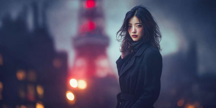 Dark urban fantasy artwork of Inspector Aya Lin standing before a flickering city tower surrounded by static, neon haze, and falling rain. Atmospheric Meridian City skyline in the background.