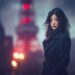 Dark urban fantasy artwork of Inspector Aya Lin standing before a flickering city tower surrounded by static, neon haze, and falling rain. Atmospheric Meridian City skyline in the background.