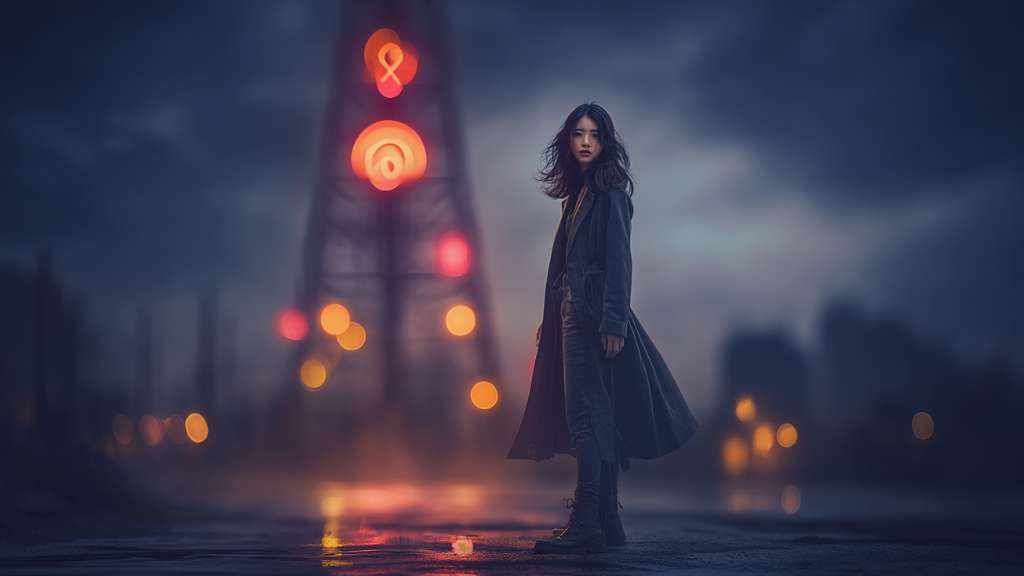 Dark urban fantasy artwork of Inspector Aya Lin standing before a flickering city tower surrounded by static, neon haze, and falling rain. Atmospheric Meridian City skyline in the background by Wartonno Art