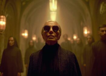 Cinematic gothic corridor filled with silent figures under warm lantern light, elderly woman in round sunglasses standing in foreground, tall shadow silhouette at end of hallway, atmospheric liminal horror scene.
