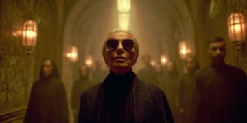 Cinematic gothic corridor filled with silent figures under warm lantern light, elderly woman in round sunglasses standing in foreground, tall shadow silhouette at end of hallway, atmospheric liminal horror scene.