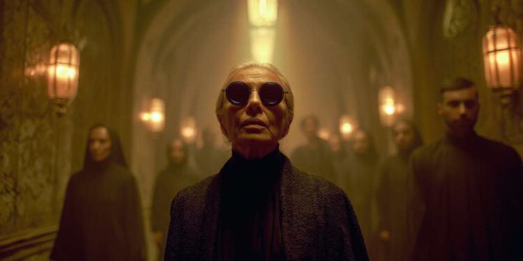 Cinematic gothic corridor filled with silent figures under warm lantern light, elderly woman in round sunglasses standing in foreground, tall shadow silhouette at end of hallway, atmospheric liminal horror scene.