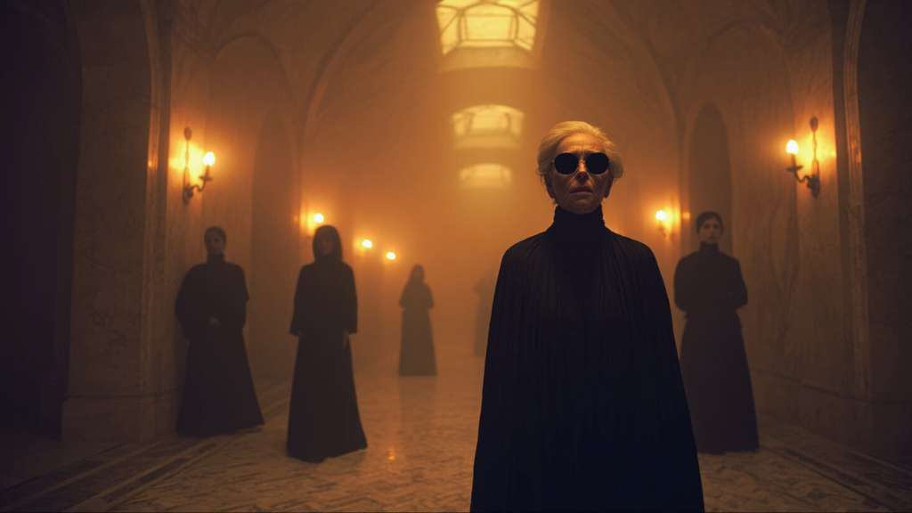 Warm Cinematic gothic corridor filled with silent figures