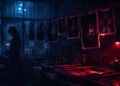 A cinematic darkroom scene with red safelight, hanging photographs, rain-streaked city windows, and a shadowy urban fantasy atmosphere inspired by Mara Chen and The Negative Within