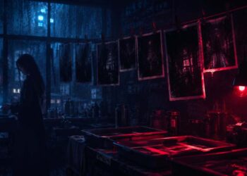 A cinematic darkroom scene with red safelight, hanging photographs, rain-streaked city windows, and a shadowy urban fantasy atmosphere inspired by Mara Chen and The Negative Within