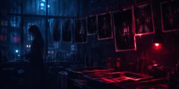 A cinematic darkroom scene with red safelight, hanging photographs, rain-streaked city windows, and a shadowy urban fantasy atmosphere inspired by Mara Chen and The Negative Within