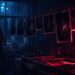 A cinematic darkroom scene with red safelight, hanging photographs, rain-streaked city windows, and a shadowy urban fantasy atmosphere inspired by Mara Chen and The Negative Within