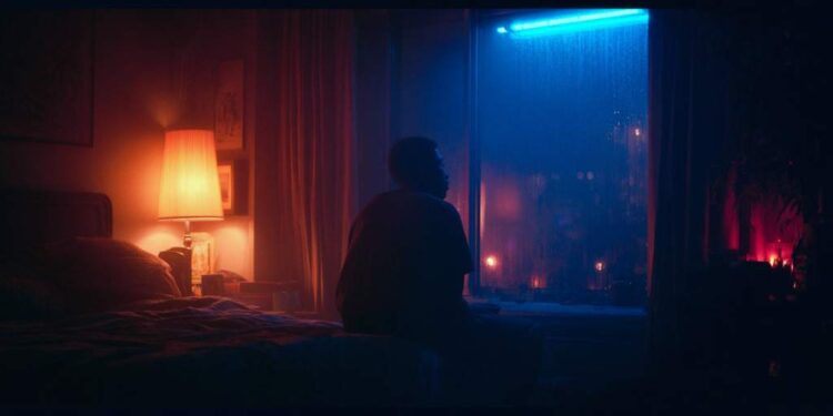 Cinematic low-lit bedroom at night with soft neon glow, warm shadows, and a solitary figure surrounded by quiet late-night atmosphere, inspired by Indie R&B and Neo-Soul