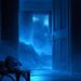 Dark ambient bedroom at night with headphones rain on the window and a quiet atmosphere for overthinking before sleep