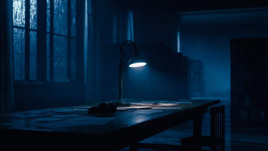 Dark ambient music for writers visual with notebook, headphones, laptop glow, and rain window for night writing and deep focus