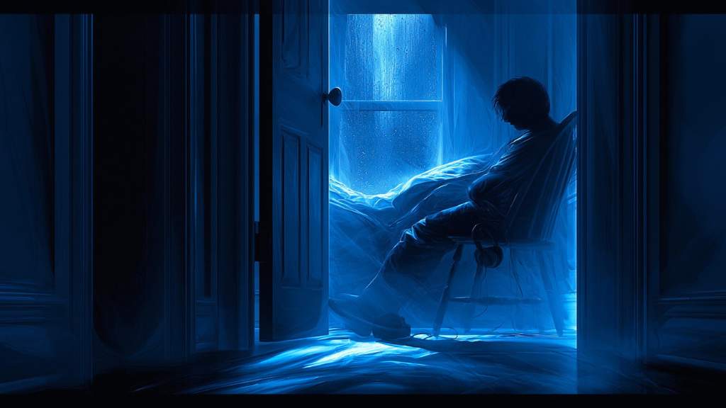 Dark ambient music playlist visual for overthinking at night with headphones journal rain window and soft blue light