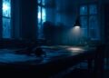 Dark ambient night writing desk with headphones, open notebook, laptop glow, rain on the window, and a quiet focus atmosphere