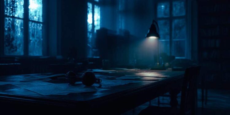 Dark ambient night writing desk with headphones, open notebook, laptop glow, rain on the window, and a quiet focus atmosphere