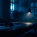 Dark ambient night writing desk with headphones, open notebook, laptop glow, rain on the window, and a quiet focus atmosphere