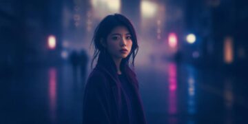 Aely Lin - Aely Lin When the Tower Wakes anime J-pop opening theme artwork showing a neon occult city skyline with a mysterious tower above rain-lit streets in Meridian City
