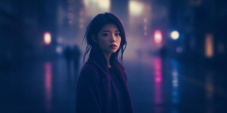 Aely Lin - Aely Lin When the Tower Wakes anime J-pop opening theme artwork showing a neon occult city skyline with a mysterious tower above rain-lit streets in Meridian City