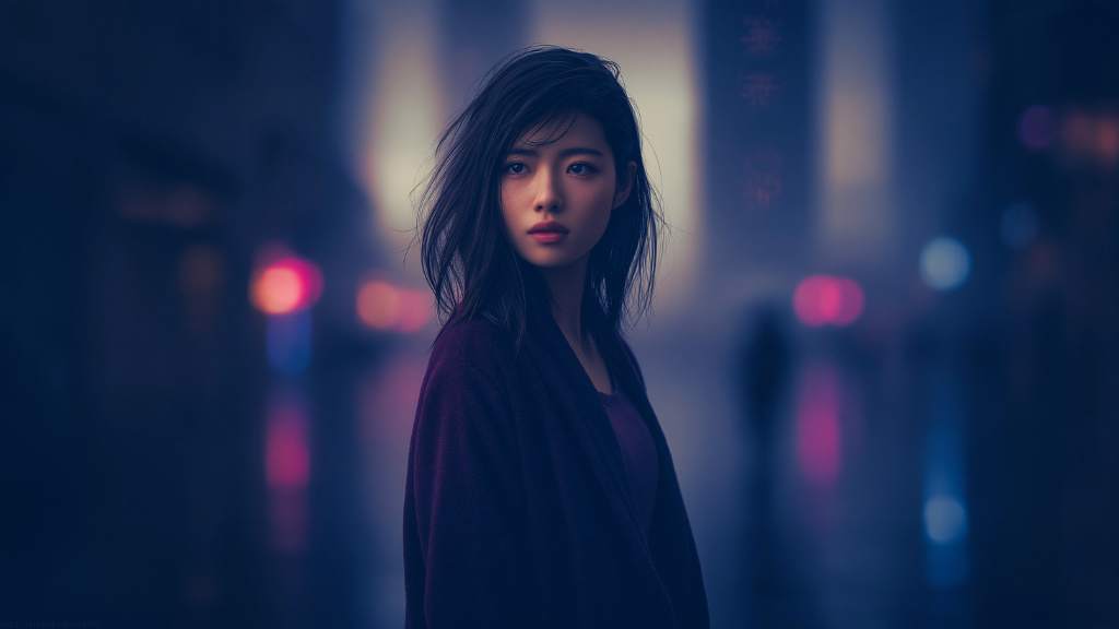 Aely Lin - Aely Lin standing in a neon-lit rainy city at night with the mysterious Tower of Meridian City glowing in the background