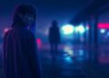Aely Lin standing in a rainy neon city morning with soft reflections, cinematic lighting, and the mysterious urban fantasy atmosphere of Meridian City