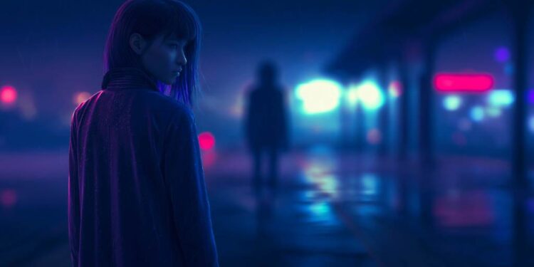 Aely Lin standing in a rainy neon city morning with soft reflections, cinematic lighting, and the mysterious urban fantasy atmosphere of Meridian City