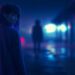 Aely Lin standing in a rainy neon city morning with soft reflections, cinematic lighting, and the mysterious urban fantasy atmosphere of Meridian City