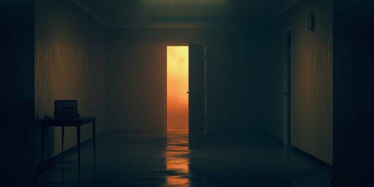 Backrooms-inspired liminal hallway and bedroom listening room representing dark ambient music, bedroom pop, and overthinking