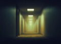 Backrooms-inspired liminal hallway with fluorescent lights and dark ambient atmosphere