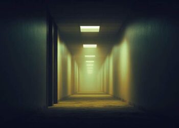Backrooms-inspired liminal hallway with fluorescent lights and dark ambient atmosphere