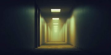Backrooms-inspired liminal hallway with fluorescent lights and dark ambient atmosphere