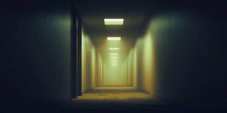 Backrooms-inspired liminal hallway with fluorescent lights and dark ambient atmosphere