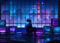Cinematic cyberpunk ambient city and dark control room representing Wartonno, late-night music, and worldbuilding