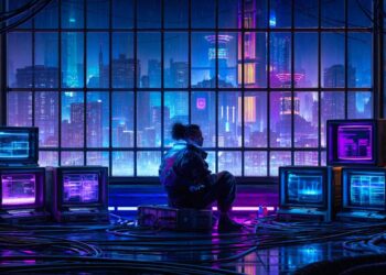 Cinematic cyberpunk ambient city and dark control room representing Wartonno, late-night music, and worldbuilding
