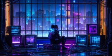 Cinematic cyberpunk ambient city and dark control room representing Wartonno, late-night music, and worldbuilding