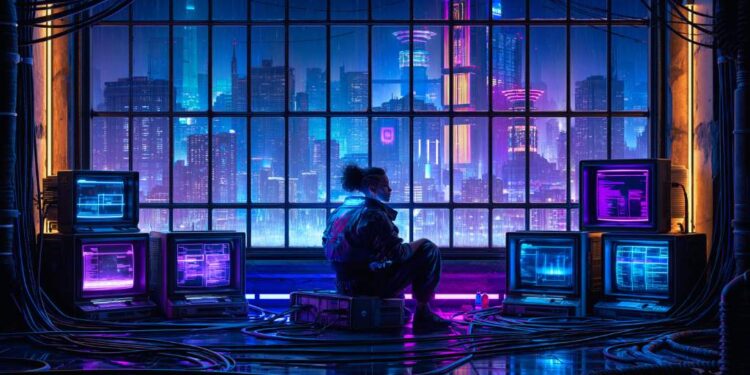 Cinematic cyberpunk ambient city and dark control room representing Wartonno, late-night music, and worldbuilding