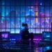 Cinematic cyberpunk ambient city and dark control room representing Wartonno, late-night music, and worldbuilding