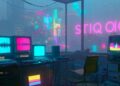 Cinematic cyberpunk ambient city and dark studio representing late-night music, emotional worldbuilding, Wartonno, and future noir