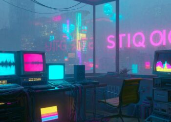 Cinematic cyberpunk ambient city and dark studio representing late-night music, emotional worldbuilding, Wartonno, and future noir