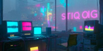 Cinematic cyberpunk ambient city and dark studio representing late-night music, emotional worldbuilding, Wartonno, and future noir