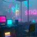 Cinematic cyberpunk ambient city and dark studio representing late-night music, emotional worldbuilding, Wartonno, and future noir