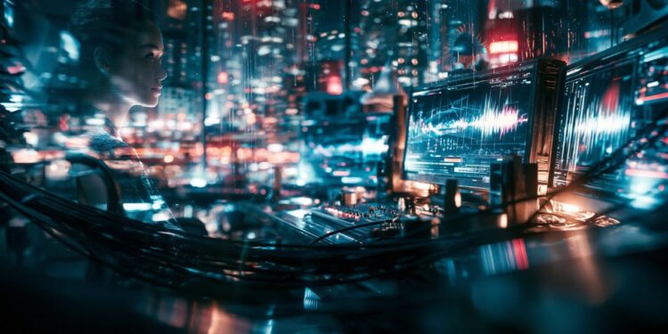 Dark ambient cyberpunk studio at night representing late-night music, emotional worldbuilding, Wartonno, Wartonno Sound, and SOMNII