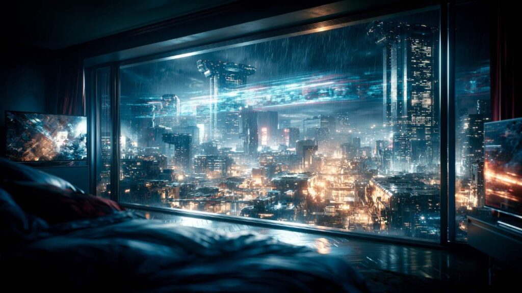 Rainy cyberpunk city representing the Neon Ghost Frequencies sound world