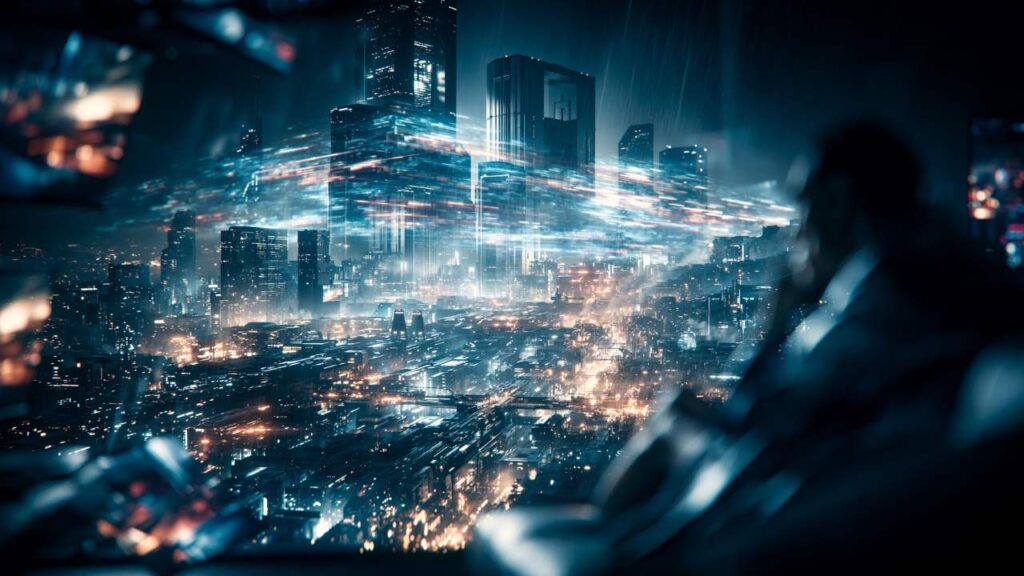 Rainy cyberpunk city representing the Neon Ghost Frequencies sound world of Wartonno
